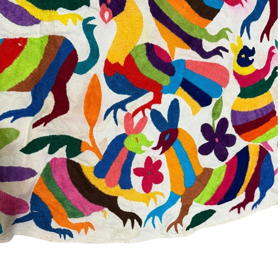 Handmade Otomi Embroidery Vibrant Folk Art Mexico Tenago Round 67" Birds Animals - Image 4 of 4