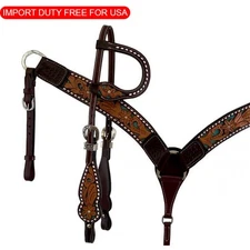 Western Horse One Ear Dark Leather Bridle Headstall + Breast Collar Tack Set