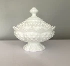 Vintage MCM Fenton Hobnail White Milk Glass Footed Candy Box Bowl Dish w/ Lid
