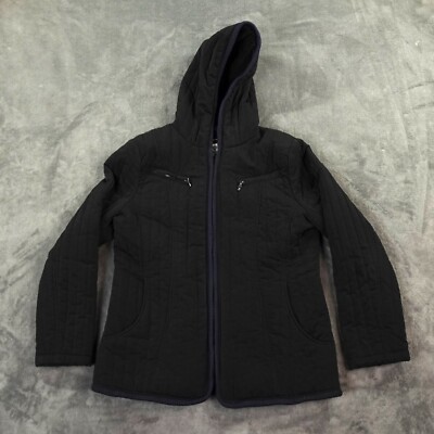 Vintage ESPRIT Jacket Women's Large Black 80s Hood Quilted Anorak Coat Blue Trim