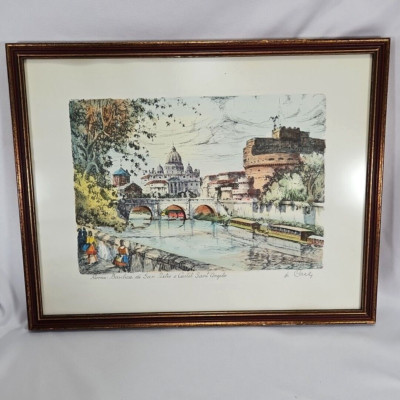 De Carly Hand Colored Art Print Roma Basilica di S. Pietro Castel Sant Angelo