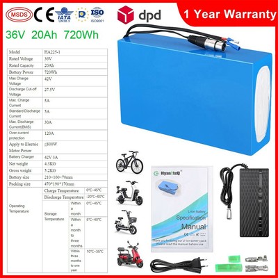 E Bike Akku 800W 36V 20Ah BMS Pedelec Fahrradakku Lithium Batterie mit Ladegerät
