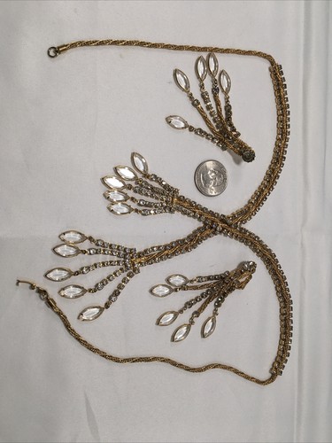 Vtg 1960's Austrian Crystal & Rhinestone Waterfall Bib Necklace Earrings Set - Picture 6 of 7