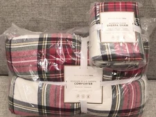 NEW Pottery Barn Teen Morgan Red Plaid Sherpa XL Twin Comforter Quilt, Sham Kids