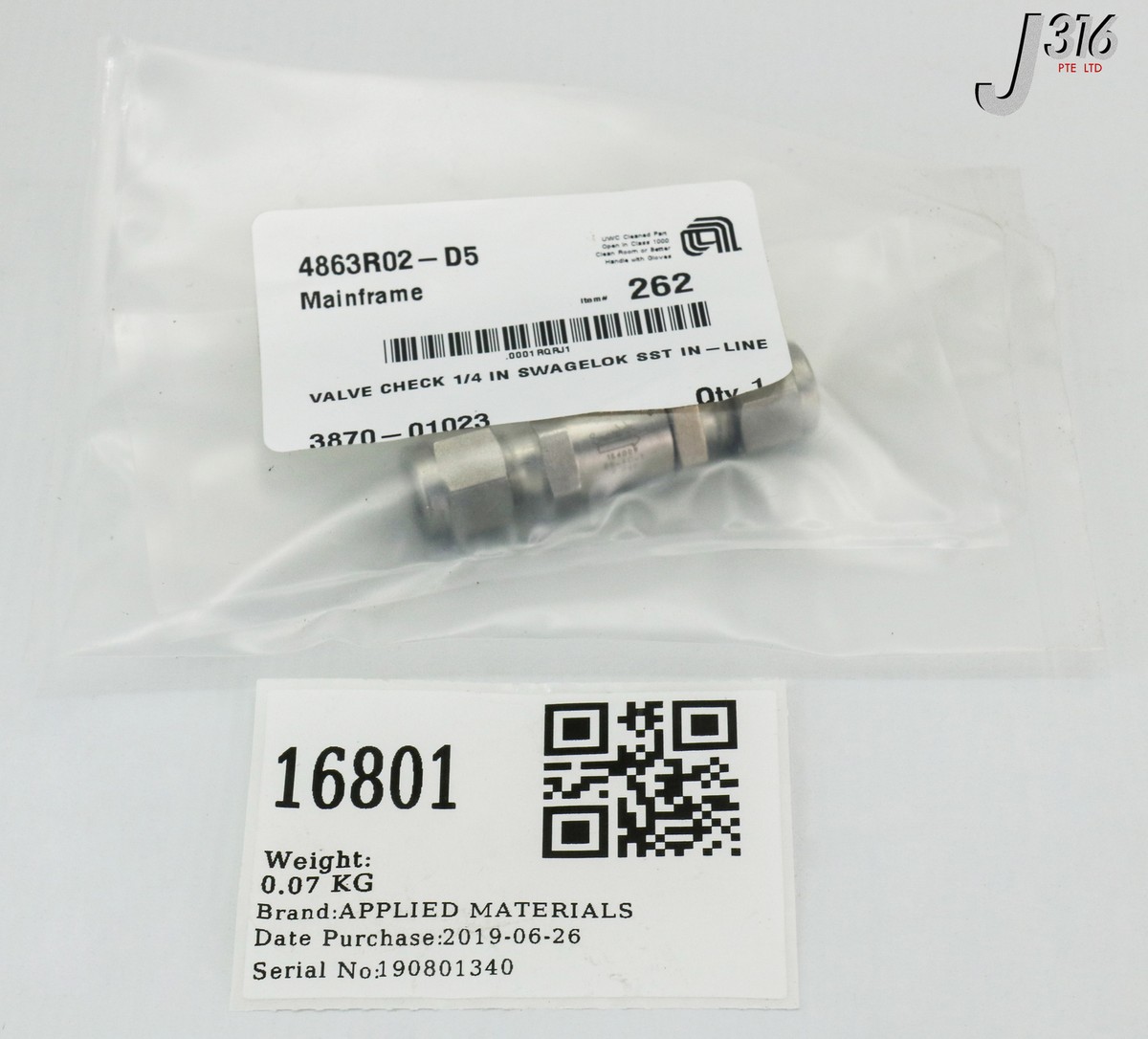 U 16801 APPLIED MATERIALS VALVE CHECK 1/4 IN SWAGELOK SST IN-LINE