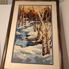 Needle Point Winter Scene vibrant colors 17x25.5 Framed and Matted