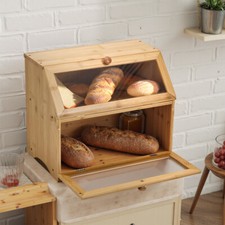 Bamboo Wood 2 Layer Bread Bin Food Storage Kitchen Countertop Food Storage Bin