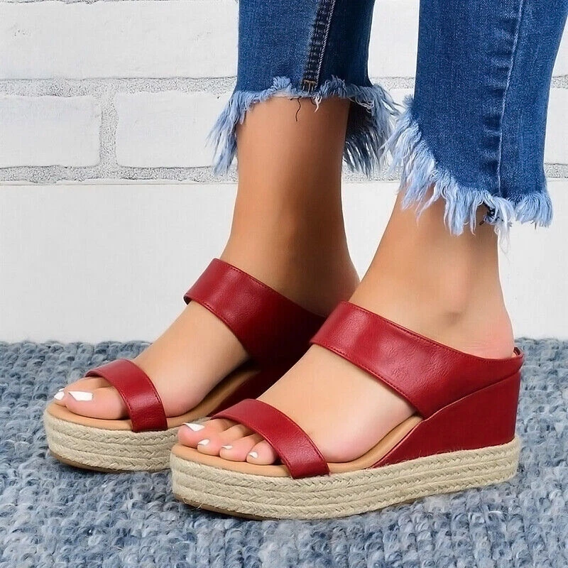 Sandalias de plataforma de verano para mujeres Damas Tacón medio Sin cordones Zapatos de cuña Zapatillas Talla Foto 4 de 4
