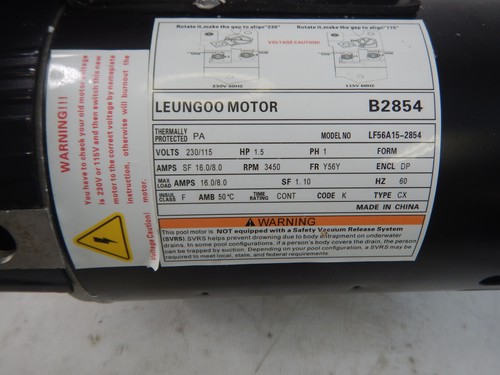 LEUNGOO B2854 - 1-1/2 HP Pool Pump Motor, Square Flange - Photo 4/5