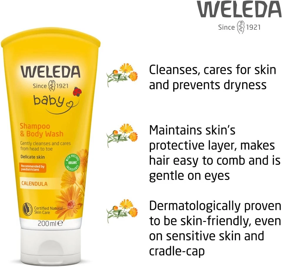 Weleda Baby Shampoo & Body Wash w. Calendula, Sensitive 200 ml (Pack of 1)  - Image 3 of 4