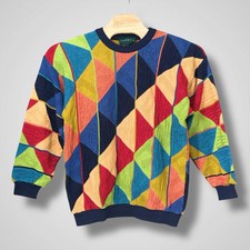 Tundra Vintage 90s Coogi Style Textured Sweater Multicolor Geometric Pattern L