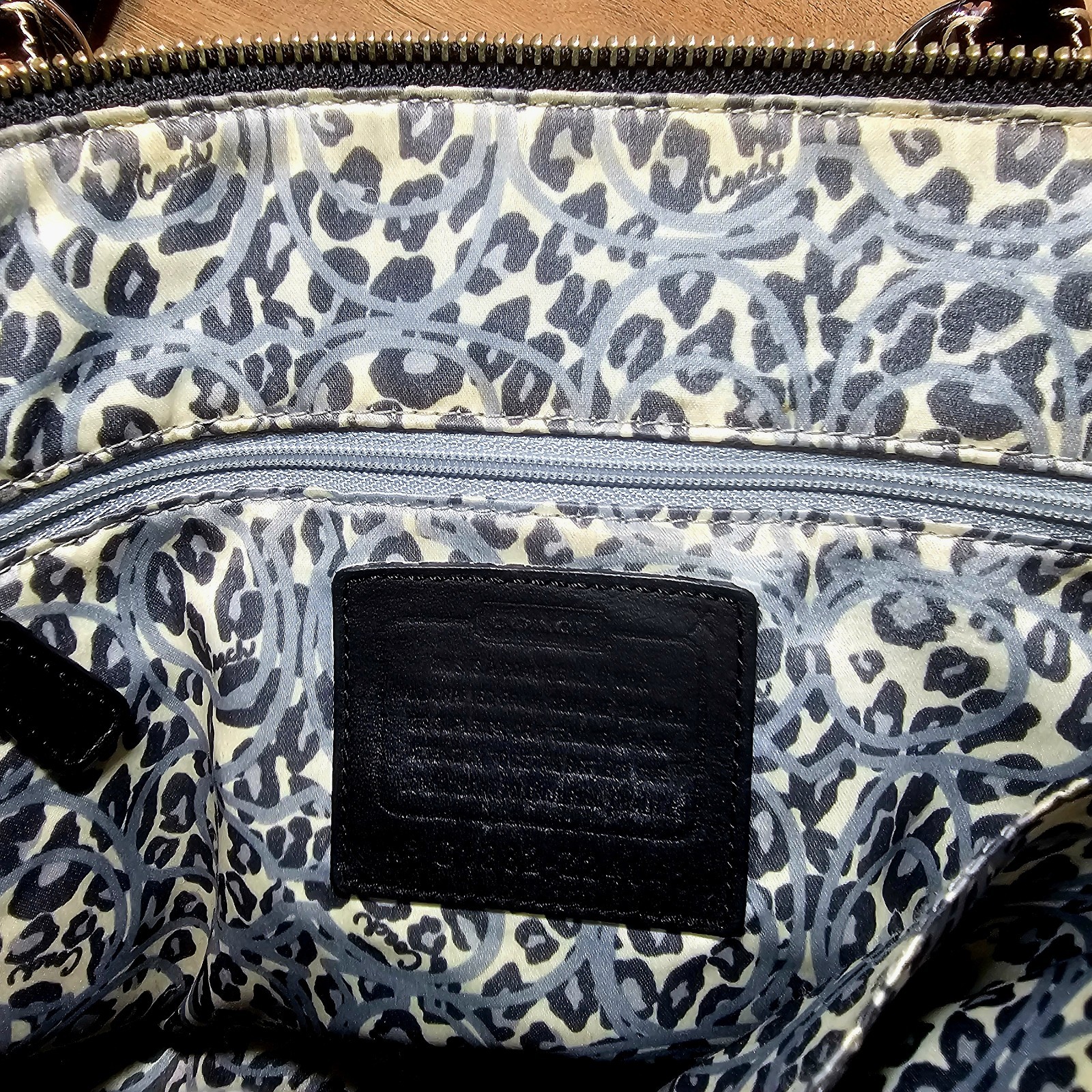 Coach Large Black Patent Leather Satchel with Silver Ocelot Lining