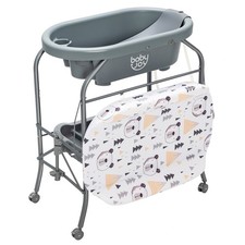 Baby Changing Table w/ Practical Bathtub  4 Universal Wheels w/ Brakes Grey