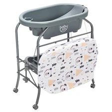 Baby Changing Table w/ Practical Bathtub & 4 Universal Wheels w/ Brakes Grey