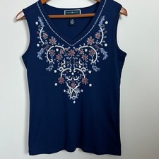 Red White Blue Patriotic Floral Embellished Tank Top Womens M Summer