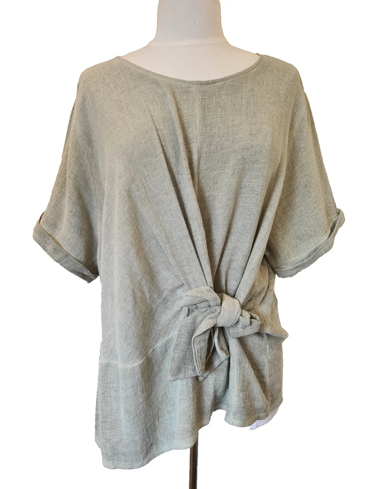 Italian Washed Linen Top Lagenlook Tunic Front Tie khaki green One Size UK 10-16 - Image 2 of 4
