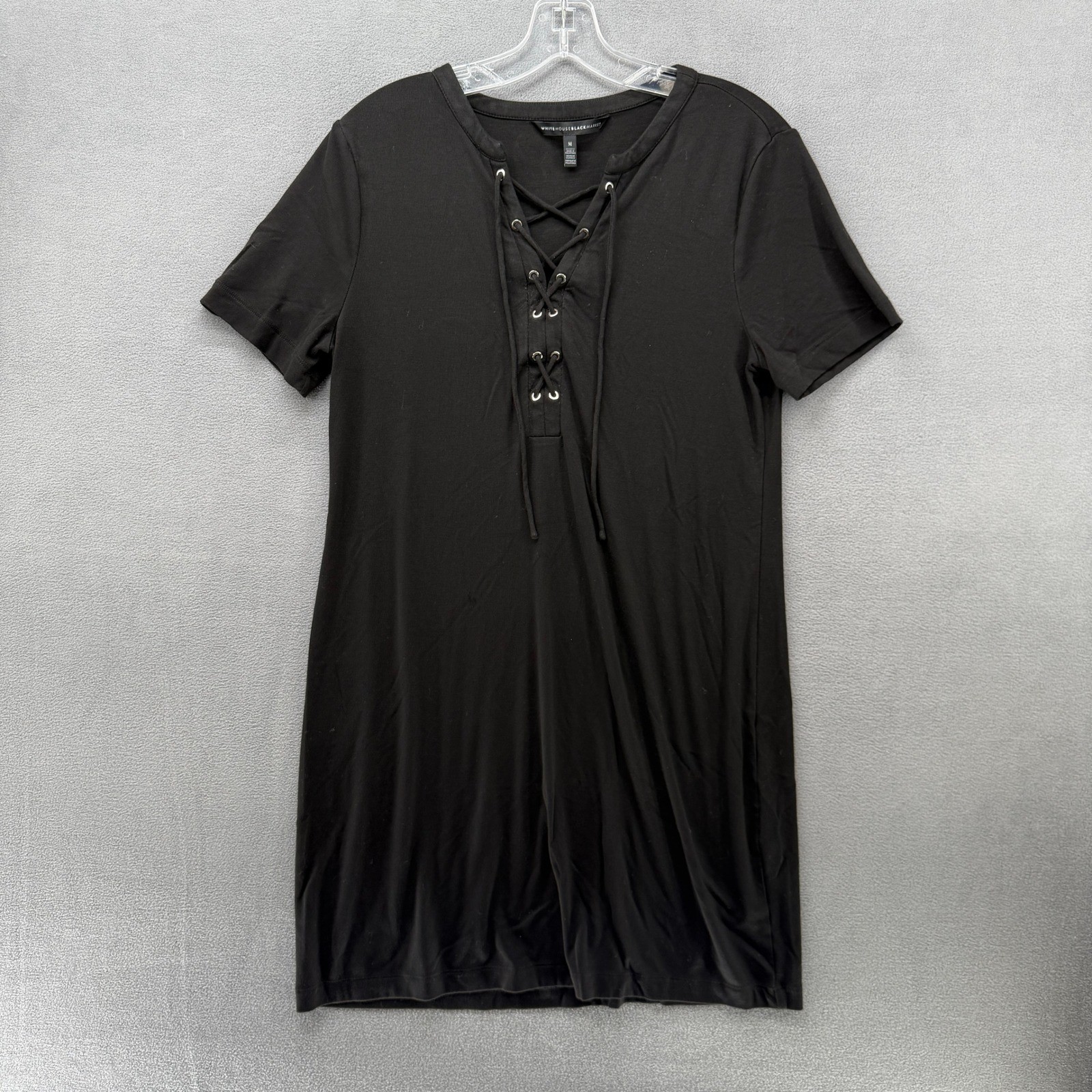 White House Black Market Black Short Sleeve Lace Up V Neck T Shirt Dress Size M