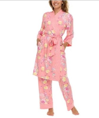 Flora Nikrooz Women's Floral 3-piece Pajamas Robe Top Pants  Pink, Super Soft