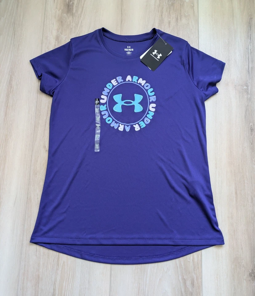 NWT Under Armour Girls T-Shirt & Printed Shorts Set YLG Youth Large Purple/Blue Foto 2 de 3