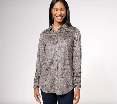 Susan Graver Reg Printed Faux Suede Knit Long-Slv Shirt ,Taupe more options a610
