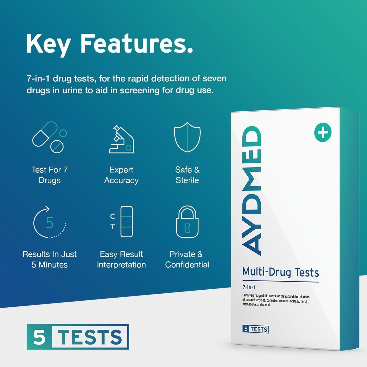 5 X AYDMED 7-In-1 Drug Tests | Drug Testing Kits For Self-Test Urine Screening | UK