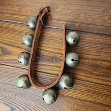 Sleigh Bells 8 Bell Antiqued Brass Bells Dark Brown Leather Strap Horse Santa