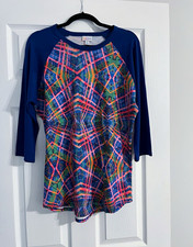 LuLaRoe Women’s L Blue Multicolor Geometric Knit Stretch Round Neck 3/4 Tee