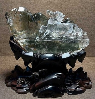 8.73LB Natural Garden Crystal quartz hand Carved horse Healing Decor gift+Base