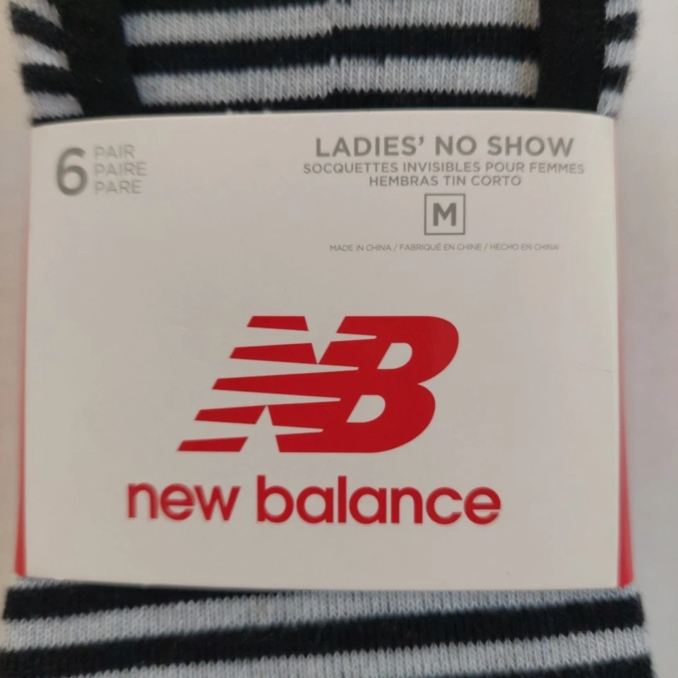New Balance 6 pares de calcetines para damas No Show, negros/blancos/rayas, medianos Foto 2 de 4