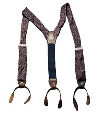 Breuer VTG Silk Paisley Print Suspenders Leather Button Tabs Brass Claps English