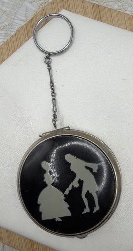 Vintage Black Enamel on Silver Tone Courting Couple Powder Compact on Keyring