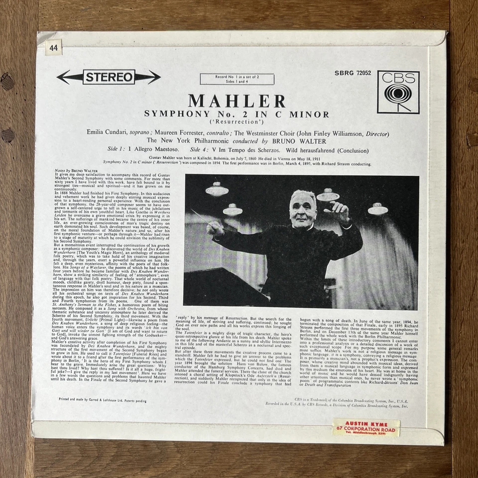 Mahler: Symphony No. 2 'Resurrection' - Walter **CBS SBRG 72052/3 ED1 2LP** - Image 2 of 4