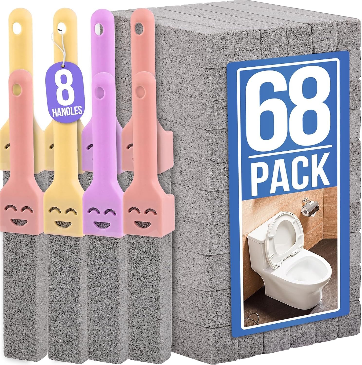 Navona 68 Pack Pumice Stone Scouring Sticks with 8 Universal Handles, Grey