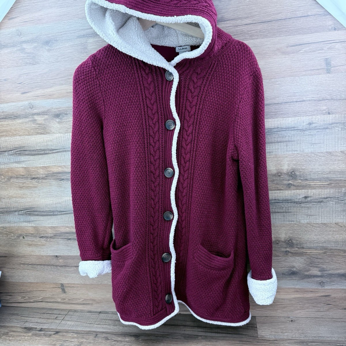 L.L. Bean RED Chunky Cable knit Long Button Cardigan M RED HOLIDAY 