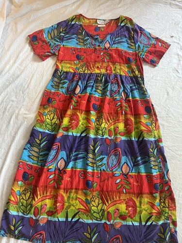 Amanda Stewart Lg. 90er Damen MuuMuu Patio Lounge Kleid Artsy Boho Mehrfarbig