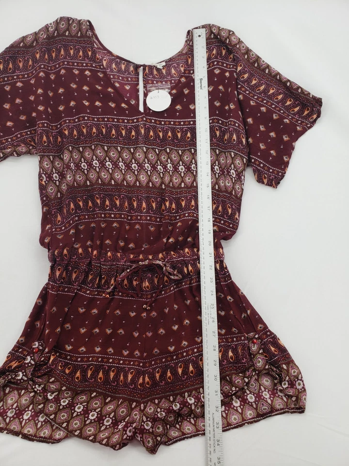 Womens Size M Maroon Paisley Striped Short Sleeve Open Back Romper Bodysuit NWT - Image 2 of 4