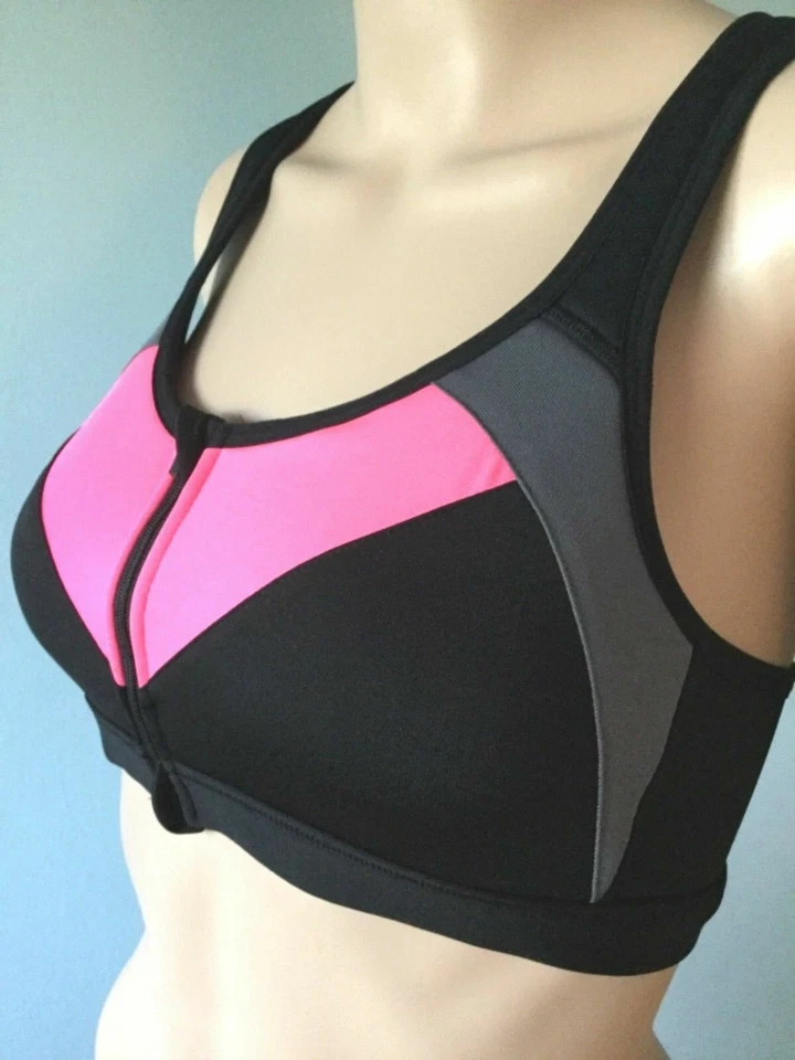 Women's Bra Zip Front Sports Athletic Yoga Gym Black Pink Gray Size M Sleeveless - Image 4 of 4