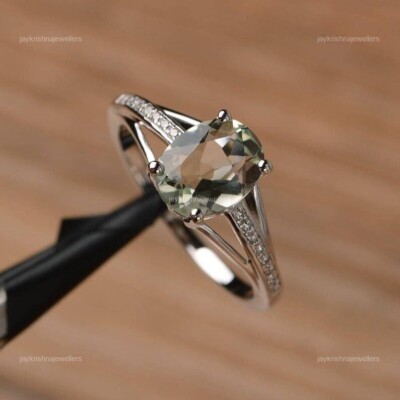 Green Amethyst Cocktail Ring, 925 Silver Rose Cut Diamond Minimalist Prong Ring