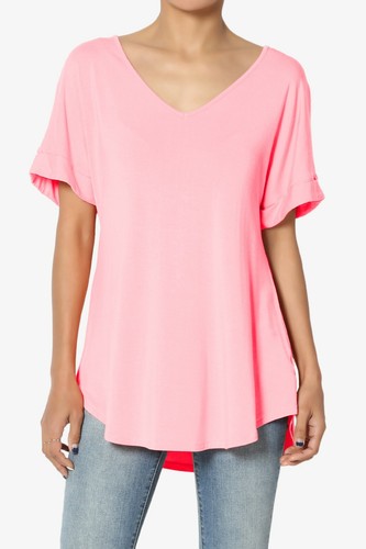 TheMogan S~3X Wide V-Neck Cuffed Short Sleeve Curved Hem Luxe Jersey Top - Picture 45 of 212