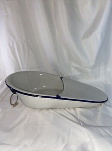 VINTAGE CESCO HOSPITAL WARE URINAL/ BEDPAN / WHITE ENAMELED~BLUE TRIM