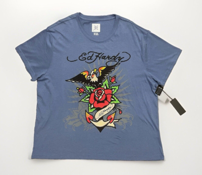 Ed Hardy Graphic Eagle Rose Tattoo Blue Rhinestone T-Shirt NWT Men 