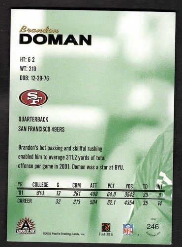 2002 Brandon Doman Pacific Football Blue Adrenaline Rookie RC /165 49ers #246 - Picture 2 of 2