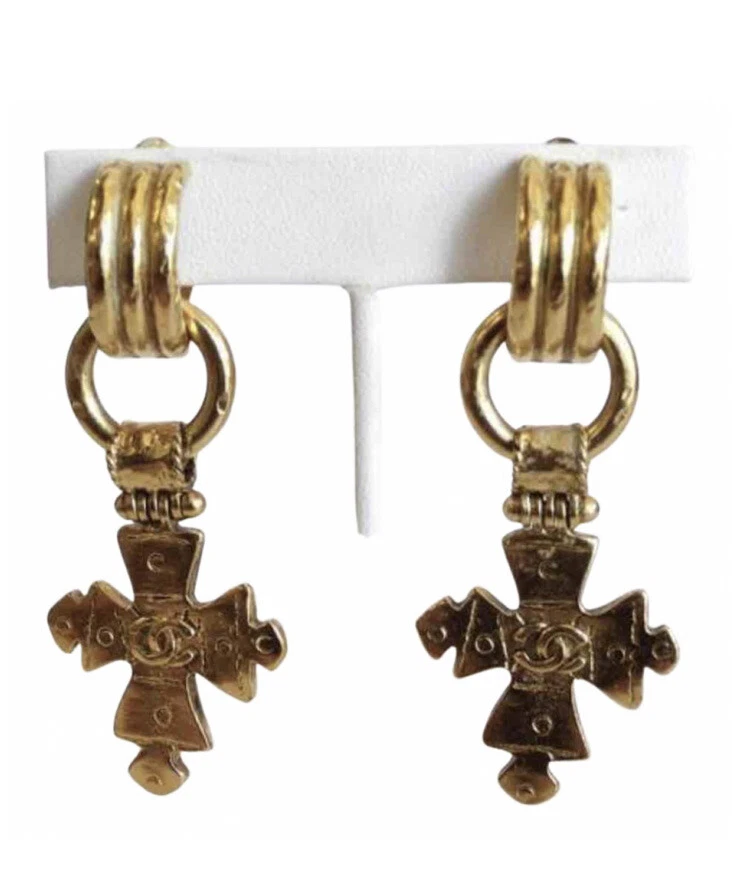 Chanel Vintage Maltese Cross Hoop Dangle Earrings 1994 94P 24K