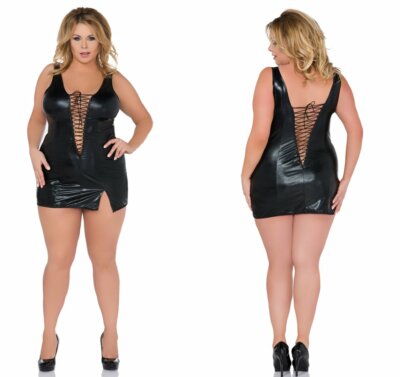 ANDALEA WETLOOK KLEID SCHNÜRUNG bodycon schwarz übergröße kunstleder plus size