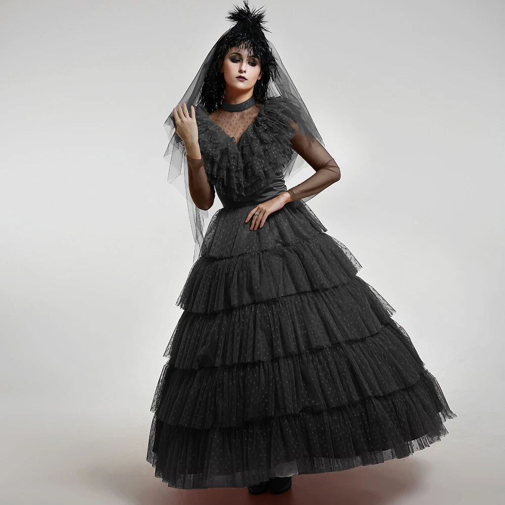 Women's Gothic Black Wedding Style Dress Cosplay Costume for Halloween with  Veil