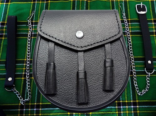 Traditional Scottish Tartan Sporran With Chain Belt - Full Dress Kilt Accessory In Black Stewart Tartan - View #8