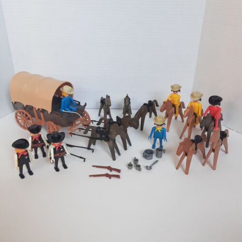 Vintage Playmobil Western Covered Wagon Cowboy Sheriff Horses Accessories Lot - Afbeelding 1 van 10