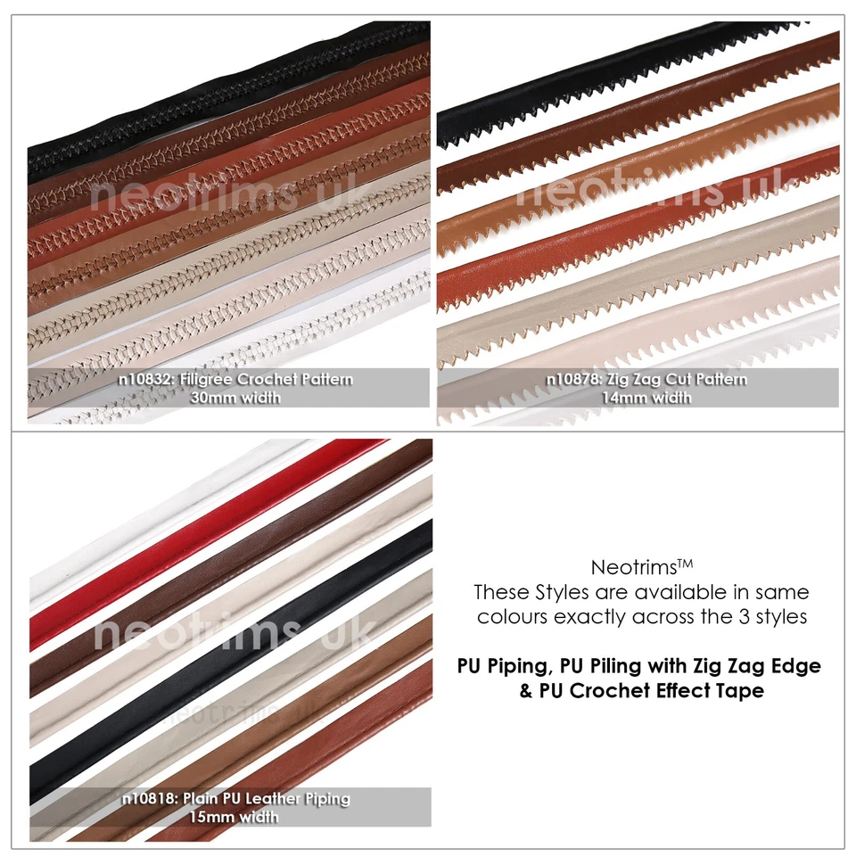 Cinta de ribete de tubería de cuero sintético PU borde patrón de corte en zig zag y recorte liso, 14 mm Foto 3 de 3