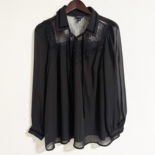 Torrid Chiffon Samtbesatz Fliege Bluse schwarz Gr. L launisch Goth Spitze - Bild 3 von 15