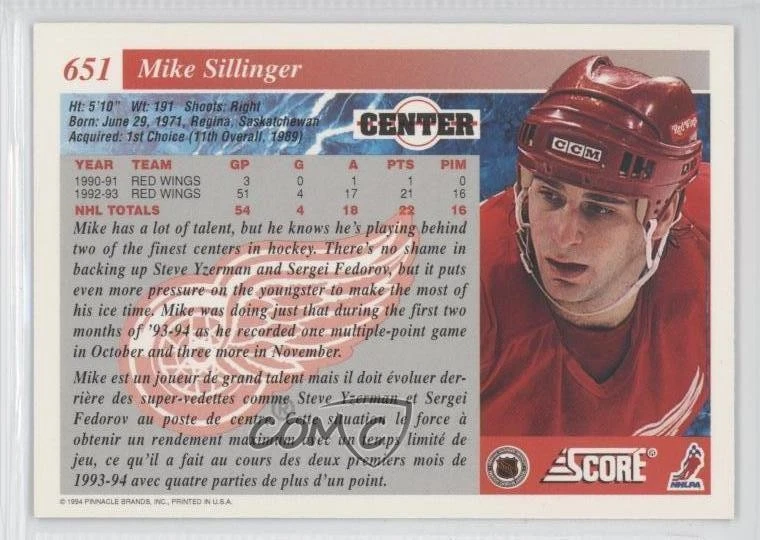 1993-94 Score Canadian Mike Sillinger #651 - Image 2 of 2
